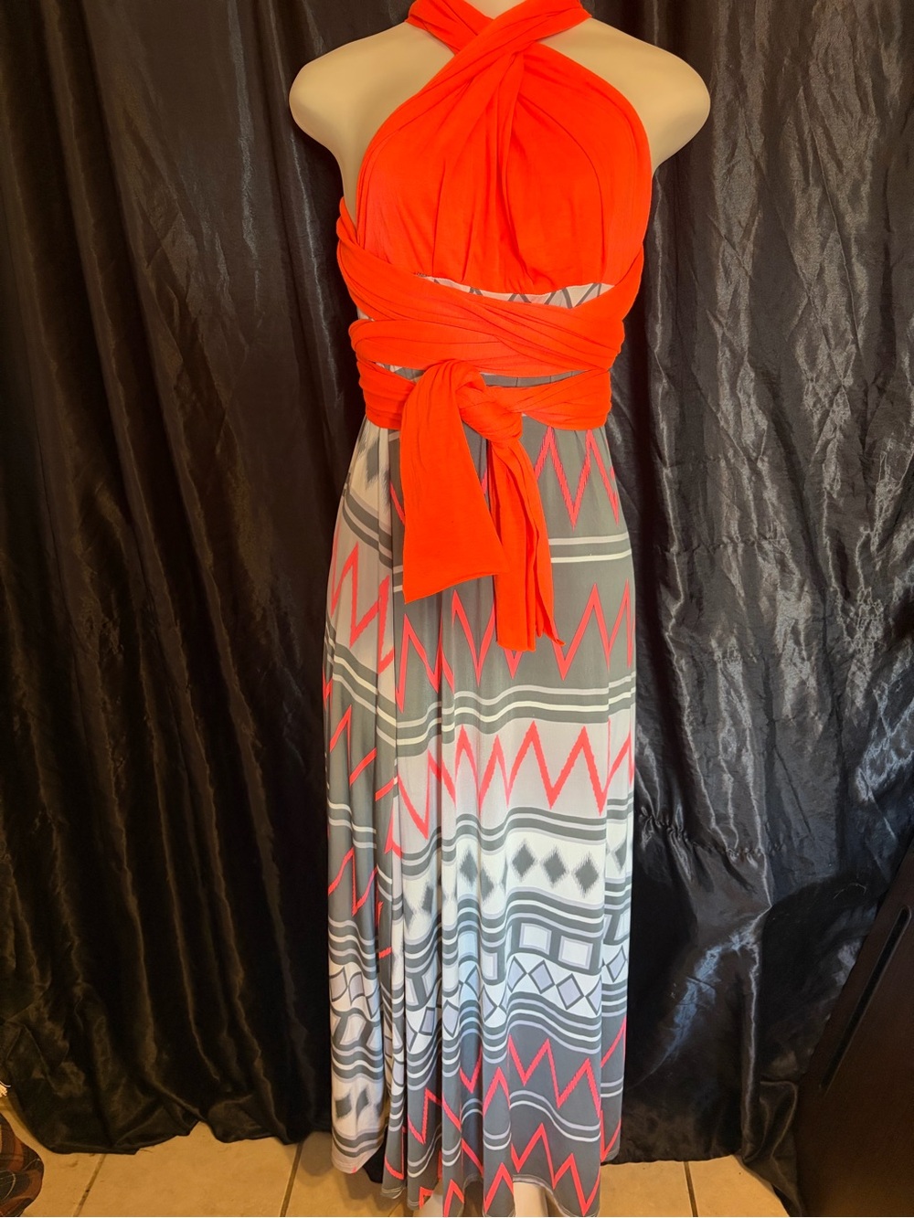 Reborn J Orange Wrap Maxi Dress with Gray Chevron Skirt